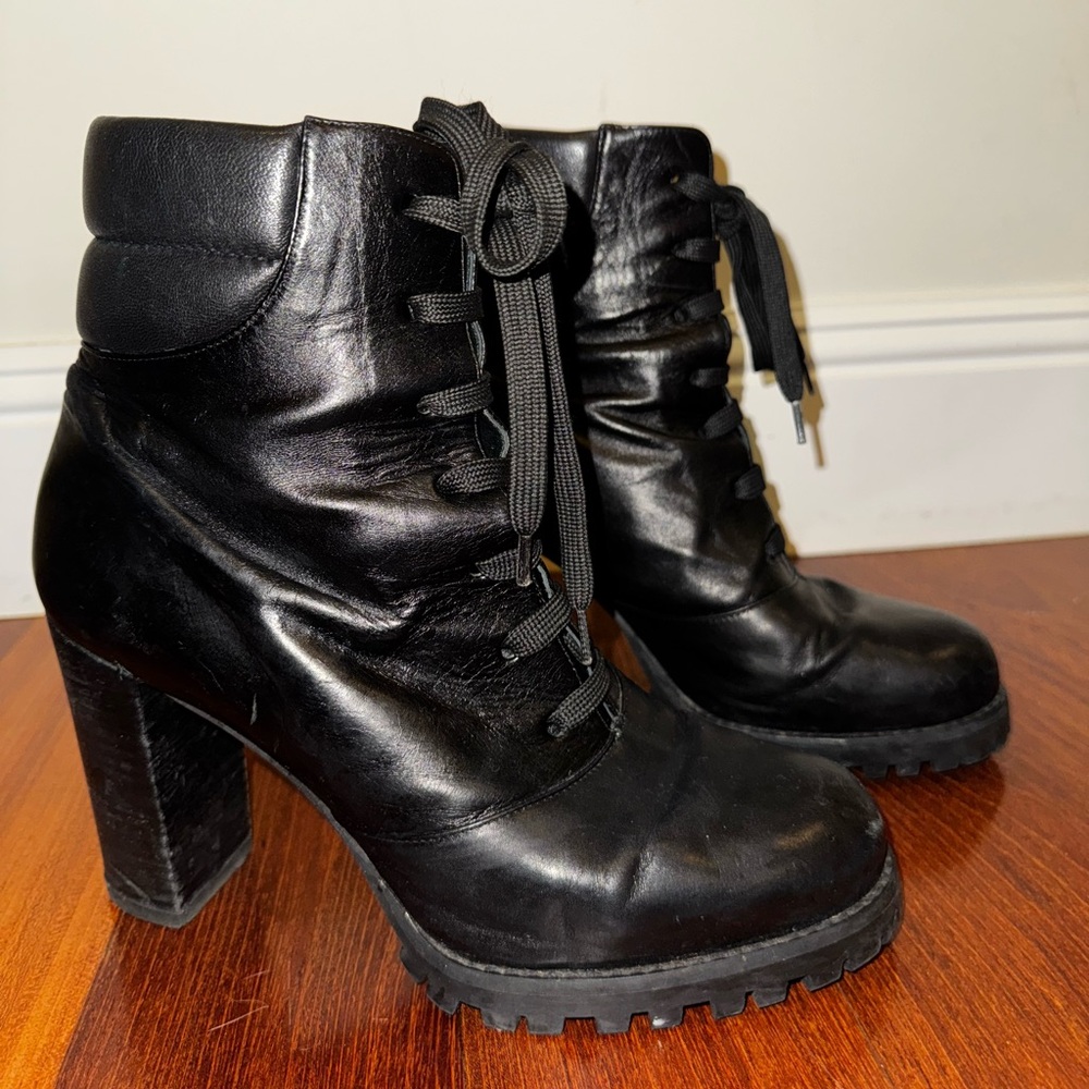 Stuart Weitzman black lace up heeled ankle boots